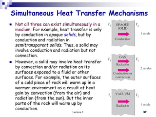  Not all three can exist simultaneously in a
medium. For example, heat transfer is only
by conduction in opaque solids, but by
conduction and radiation in
semitransparent solids. Thus, a solid may
involve conduction and radiation but not
convection.
 However, a solid may involve heat transfer
by convection and/or radiation on its
surfaces exposed to a fluid or other
surfaces. For example, the outer surfaces
of a cold piece of rock will warm up in a
warmer environment as a result of heat
gain by convection (from the air) and
radiation (from the sun). But the inner
parts of the rock will warm up by
conduction.
Simultaneous Heat Transfer Mechanisms
37
Lecture 1
 