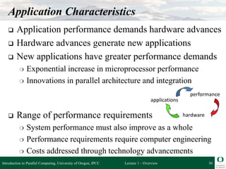 Lecture 1 – Overview
Application Characteristics
 Application performance demands hardware advances
 Hardware advances generate new applications
 New applications have greater performance demands
❍ Exponential increase in microprocessor performance
❍ Innovations in parallel architecture and integration
 Range of performance requirements
❍ System performance must also improve as a whole
❍ Performance requirements require computer engineering
❍ Costs addressed through technology advancements
applications
performance
hardware
30
Introduction to Parallel Computing, University of Oregon, IPCC
 