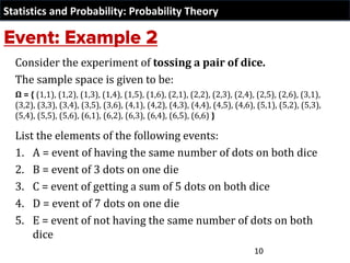 Statistics and Probability: Probability Theory
Consider the experiment of tossing a pair of dice.
The sample space is given to be:
Ω = { (1,1), (1,2), (1,3), (1,4), (1,5), (1,6), (2,1), (2,2), (2,3), (2,4), (2,5), (2,6), (3,1),
(3,2), (3,3), (3,4), (3,5), (3,6), (4,1), (4,2), (4,3), (4,4), (4,5), (4,6), (5,1), (5,2), (5,3),
(5,4), (5,5), (5,6), (6,1), (6,2), (6,3), (6,4), (6,5), (6,6) }
List the elements of the following events:
1. A = event of having the same number of dots on both dice
2. B = event of 3 dots on one die
3. C = event of getting a sum of 5 dots on both dice
4. D = event of 7 dots on one die
5. E = event of not having the same number of dots on both
dice
10
 