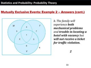 Statistics and Probability: Probability Theory
b. The family will
experience both
mechanical problems
and trouble in locating a
hotel with vacancy but
will not receive a ticket
for traffic violation.
2
33
 