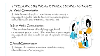 TYPES OF COMUNICATION ACCORDING TO MODE
A. Verbal Communication
• This is the use of spoken or written words to convey a
message. It includes face-to-face conversations, phone
calls, video calls, presentations, speeches, etc.
B. Non-Verbal Communication
• This involves the use of body language, facial
expressions, gestures, and other visual cues to convey a
message. It can also include the use of symbols or visual
aids.
C. Visual Communication
• This type of communication uses visuals to convey
information, and/ or messages.
 