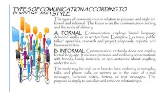 TYPES OF COMUNICATION ACCORDING TO
PURPOSE AND STYLE
The types of communication in relation to purpose and style are
formal and informal. The focus is on the communication setting
and the mode of delivery.
A. FORMAL Communication employs formal language
delivered orally or in written form. Examples: Lectures, public
talks/ speeches, research and project proposals, reports, and
business letters
B. INFORMAL Communication certainly does not employ
formal language. It involves personal and ordinary conversations
with friends, family members, or acquaintances about anything
under the sun.
The mode may be oral as in face-to-face, ordinary or everyday
talks and phone calls, or written as in the case of e-mail
messages, personal notes,, letters, or text messages. The
purpose is simply to socialize and enhance relationships.
 