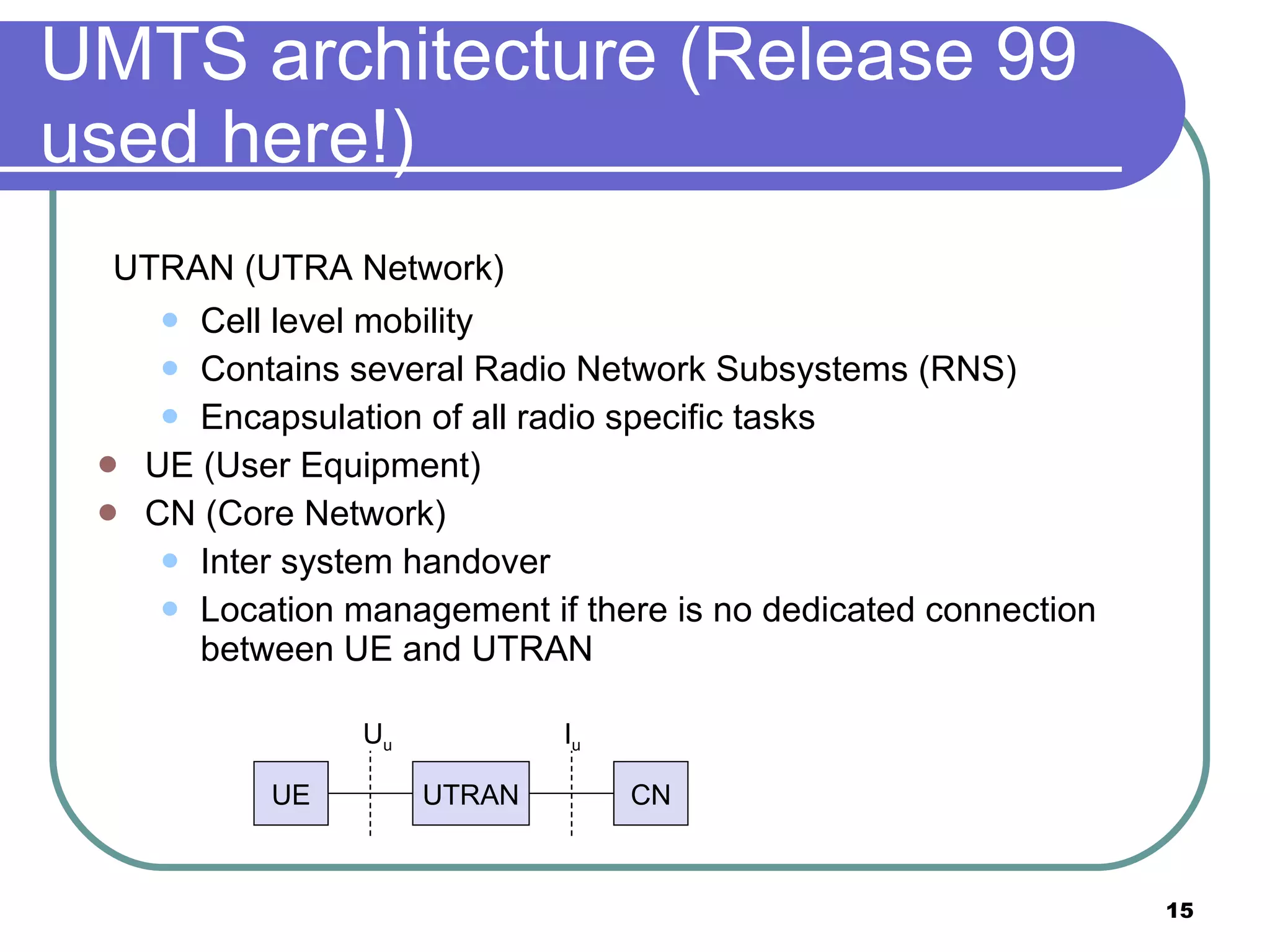 UMTS architecture (Release 99 used here!) UTRAN (UTRA Network) Cell level mobility Contains several Radio Network Subsystems (RNS) Encapsulation of all radio specific tasks UE (User Equipment) CN (Core Network) Inter system handover Location management if there is no dedicated connection between UE and UTRAN UTRAN UE CN I u U u 