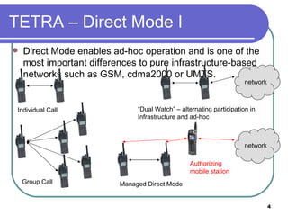 TETRA – Direct Mode I Direct Mode enables ad-hoc operation and is one of the most important differences to pure infrastructure-based networks such as GSM, cdma2000 or UMTS. Individual Call Group Call “ Dual Watch” – alternating participation in Infrastructure and ad-hoc network Managed Direct Mode network Authorizing mobile station 