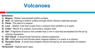 Volcanoes
Definitions:
1) Magma - Molten rock beneath Earth's surface.
2) Vent - An opening in Earth's surface through which volcanic materials escape.
3) Flank - The side of a volcano.
4) Lava - Molten rock that erupts from a volcano that solidifies as it cools.
5) Crater - Mouth of a volcano, surrounds a volcanic vent.
6) Ash - Fragments of lava or rock smaller than 2 mm in size that are blasted into the air by
volcanic explosions.
7) Ash Cloud - A cloud of ash formed by volcanic explosions.
8) Sill - A flat piece of rock formed when magma hardens in a crack in a volcano.
9) Parasitic Cone - A small cone-shaped volcano formed by an accumulation of volcanic
debris.
10) Summit - Highest point; apex
 