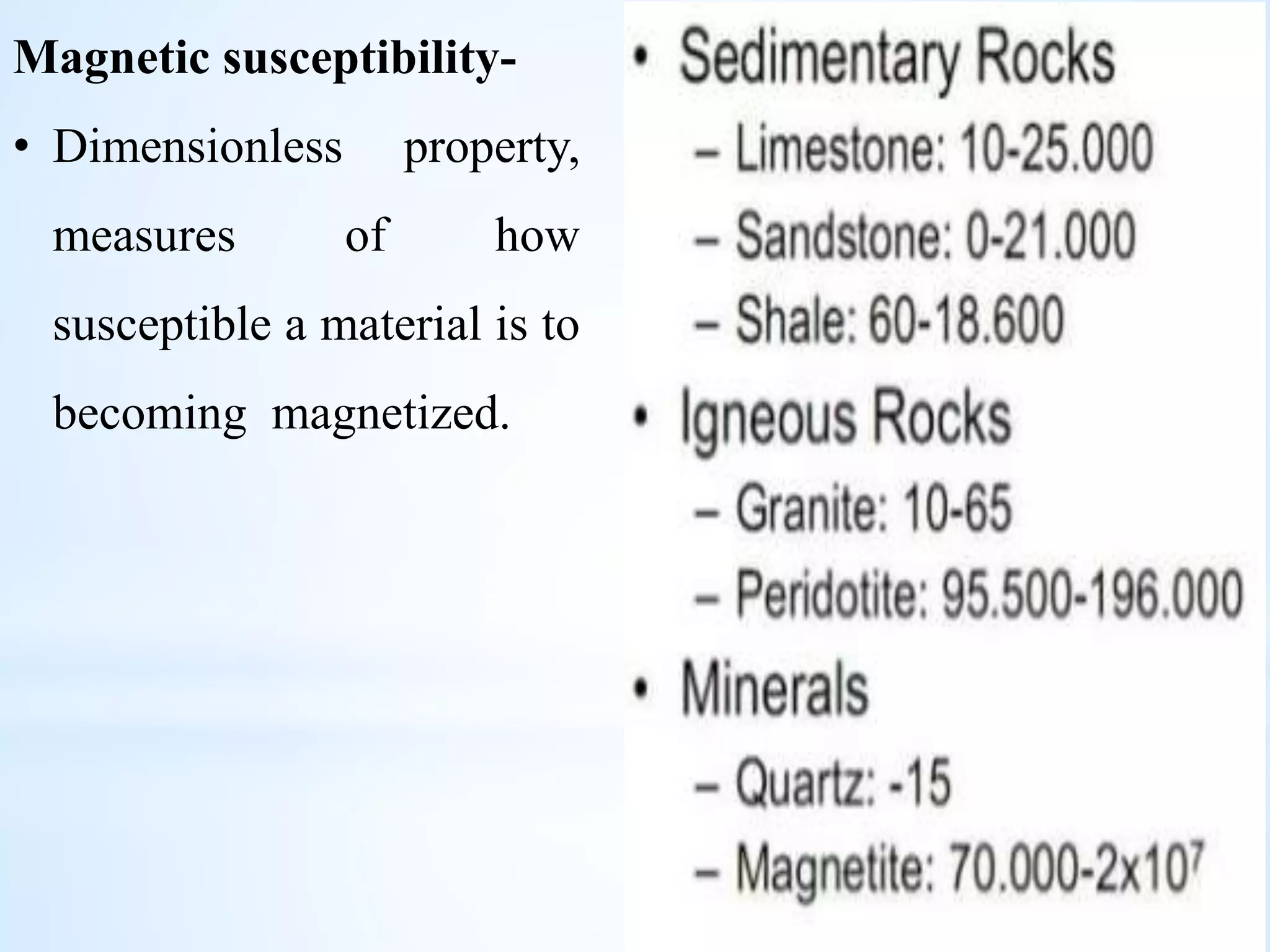 Magnetic susceptibility-
• Dimensionless property,
measures of how
susceptible a material is to
becoming magnetized.
 