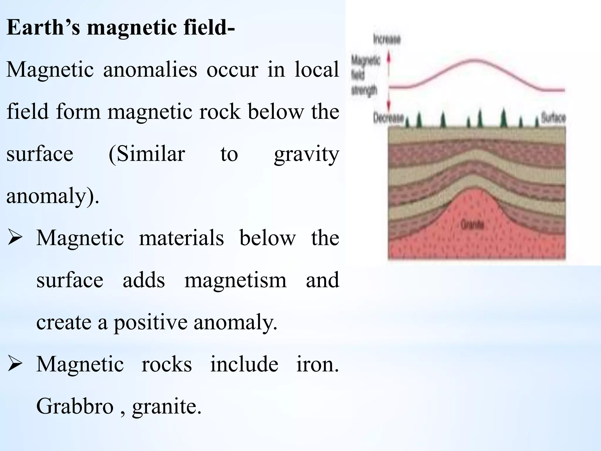 Earth’s magnetic field-
Magnetic anomalies occur in local
field form magnetic rock below the
surface (Similar to gravity
anomaly).
 Magnetic materials below the
surface adds magnetism and
create a positive anomaly.
 Magnetic rocks include iron.
Grabbro , granite.
 
