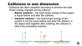 Collisions in one dimension
Collisions are often classified according to whether the total
kinetic energy changes during collision:
1. Elastic collision – the total kinetic energy of the system
is equal before and after the collision.
2. Inelastic collision – the total kinetic energy of the
system is not the same before and after the collision; if
the object stick together after colliding, the collision is
said to be completely inelastic.
 