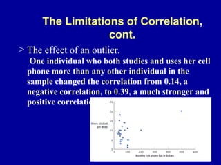 The Limitations of Correlation,
cont.
> The effect of an outlier.
One individual who both studies and uses her cell
phone more than any other individual in the
sample changed the correlation from 0.14, a
negative correlation, to 0.39, a much stronger and
positive correlation!
 