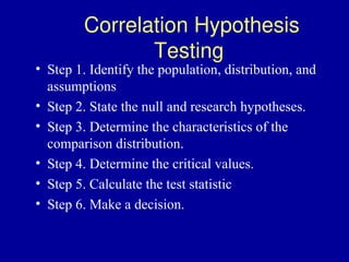 Correlation Hypothesis
Testing
• Step 1. Identify the population, distribution, and
assumptions
• Step 2. State the null and research hypotheses.
• Step 3. Determine the characteristics of the
comparison distribution.
• Step 4. Determine the critical values.
• Step 5. Calculate the test statistic
• Step 6. Make a decision.
 