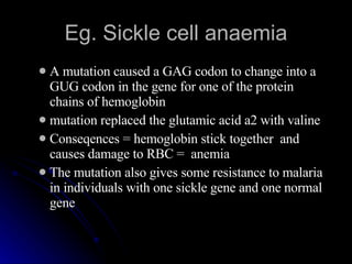 Eg. Sickle cell anaemia A mutation caused a GAG codon to change into a GUG codon in the gene for one of the protein chains of hemoglobin  mutation replaced the glutamic acid a2 with valine  Conseqences = hemoglobin stick together  and  causes damage to RBC =  anemia  The mutation also gives some resistance to malaria in individuals with one sickle gene and one normal gene  