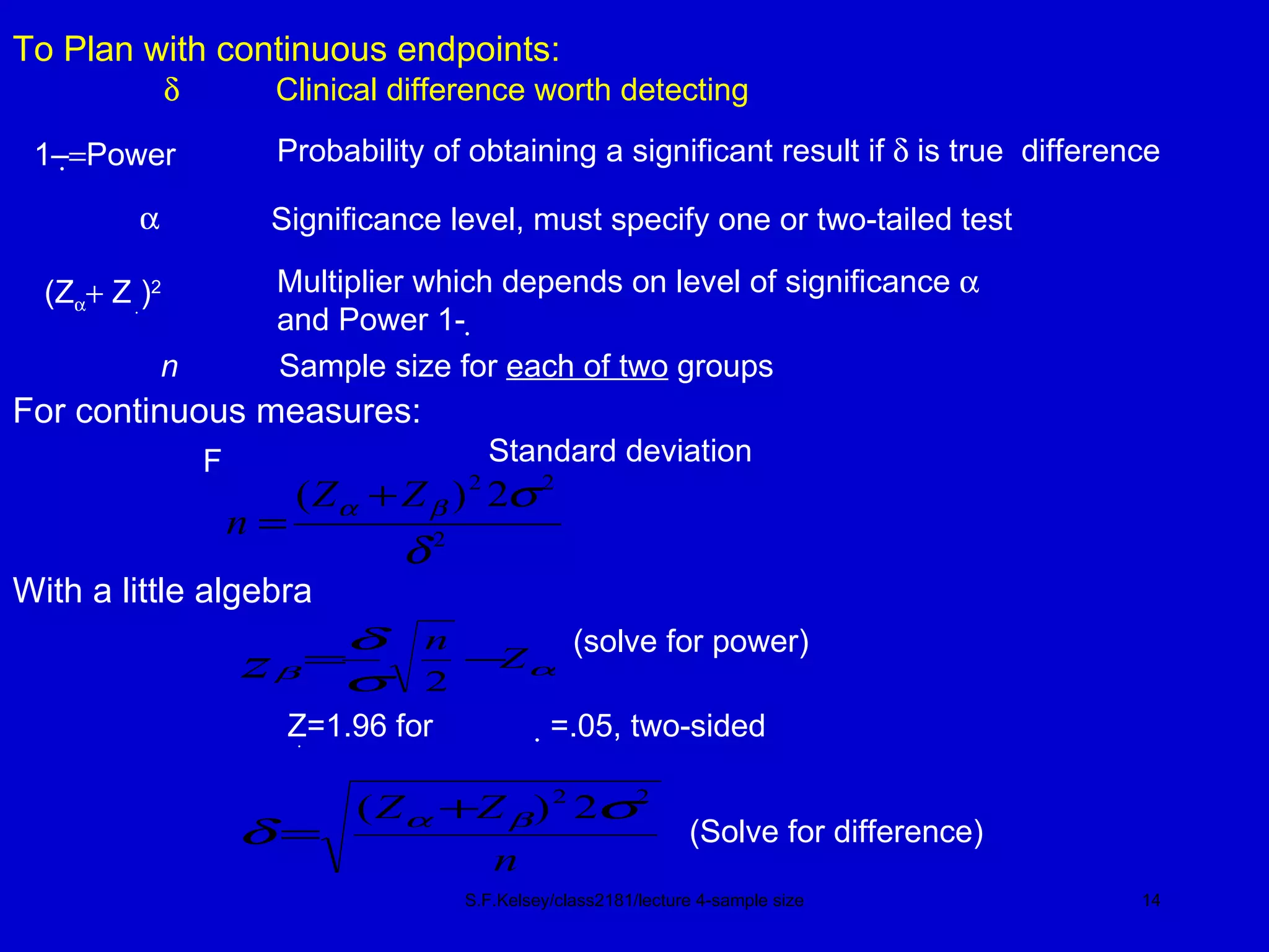 S.F.Kelsey/class2181/lecture 4-sample size To Plan with continuous endpoints:      Clinical difference worth detecting 1–   Power Probability of obtaining a significant result if    is true  difference  Significance level, must specify one or two-tailed test (Z    Z   ) 2 Multiplier which depends on level of significance   and Power 1-   n Sample size for  each of two  groups For continuous measures:  Standard deviation With a little algebra Z  =1.96 for    =.05, two-sided (solve for power) (Solve for difference) 