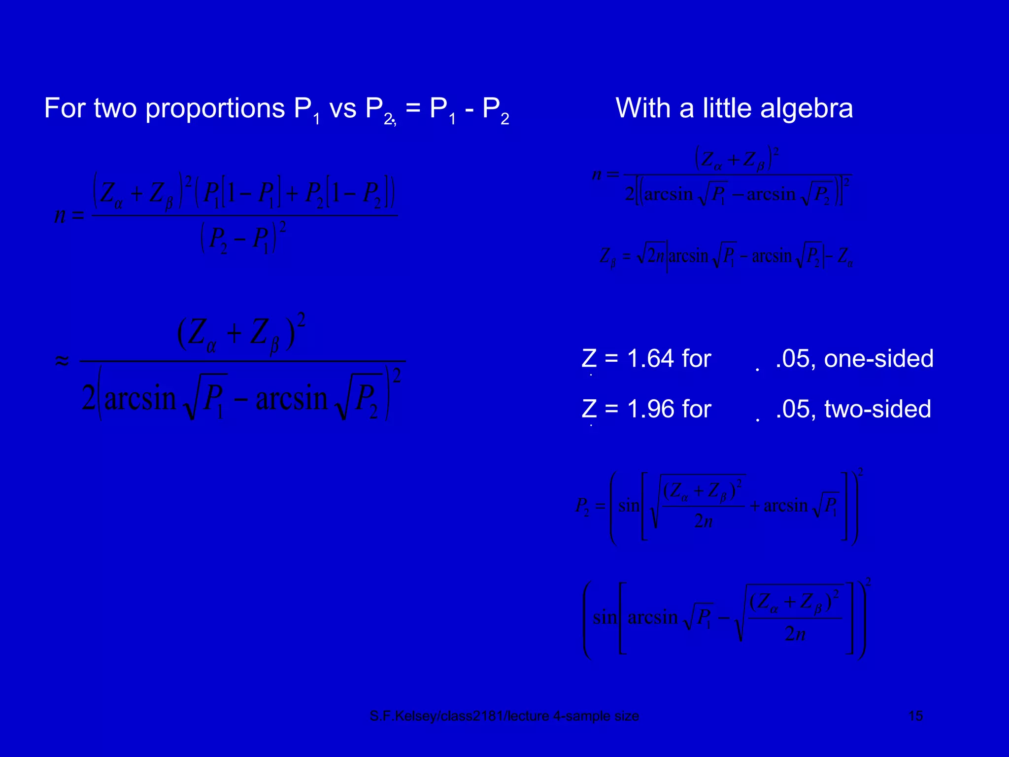 S.F.Kelsey/class2181/lecture 4-sample size For two proportions P 1  vs P 2,   = P 1  - P 2 With a little algebra Z   = 1.64 for    .05, one-sided Z   = 1.96 for    .05, two-sided 