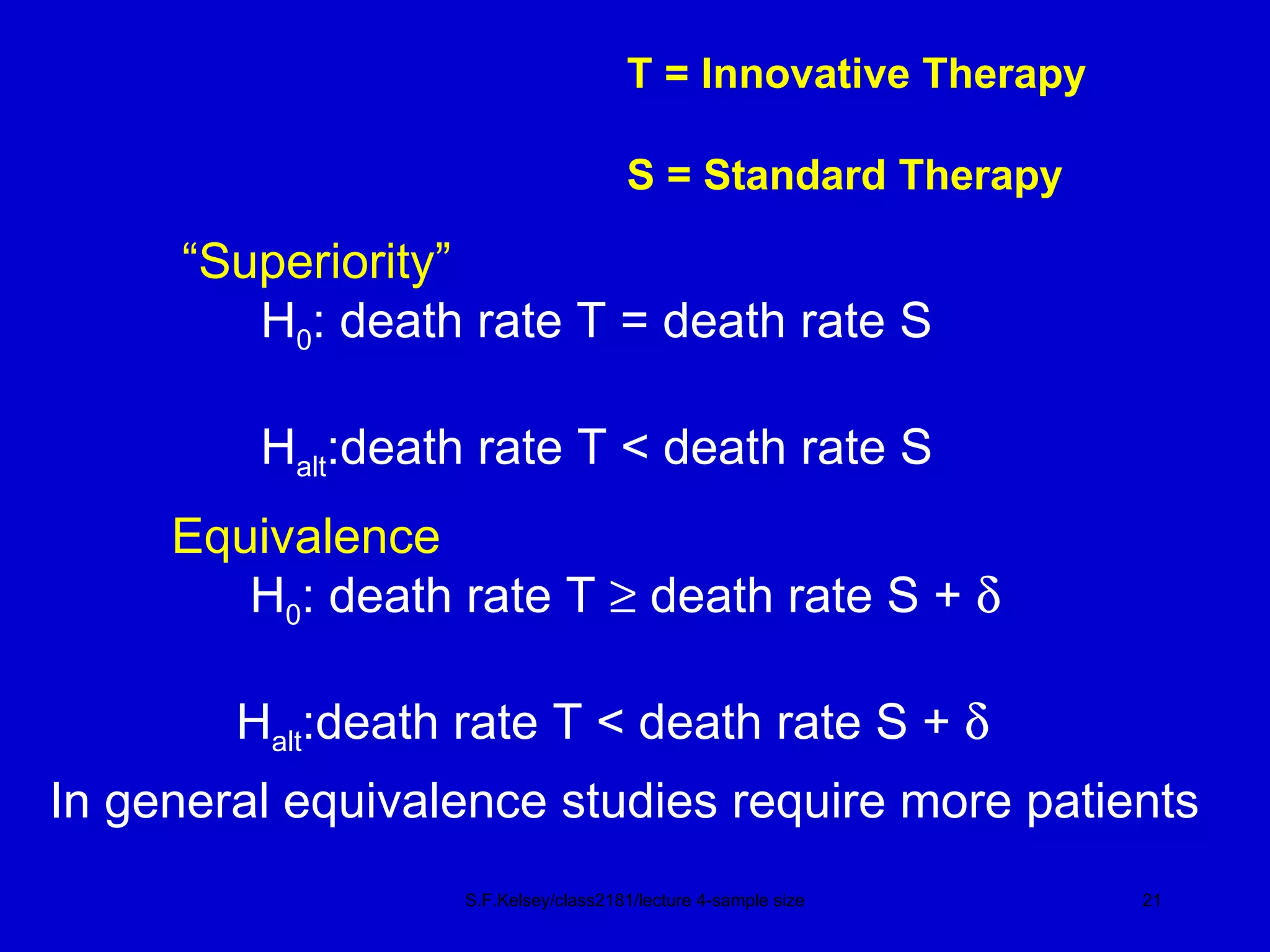 T = Innovative Therapy S = Standard Therapy S.F.Kelsey/class2181/lecture 4-sample size “ Superiority” H 0 : death rate T = death rate S H alt :death rate T < death rate S Equivalence   H 0 : death rate T    death rate S +   H alt :death rate T < death rate S +   In general equivalence studies require more patients 