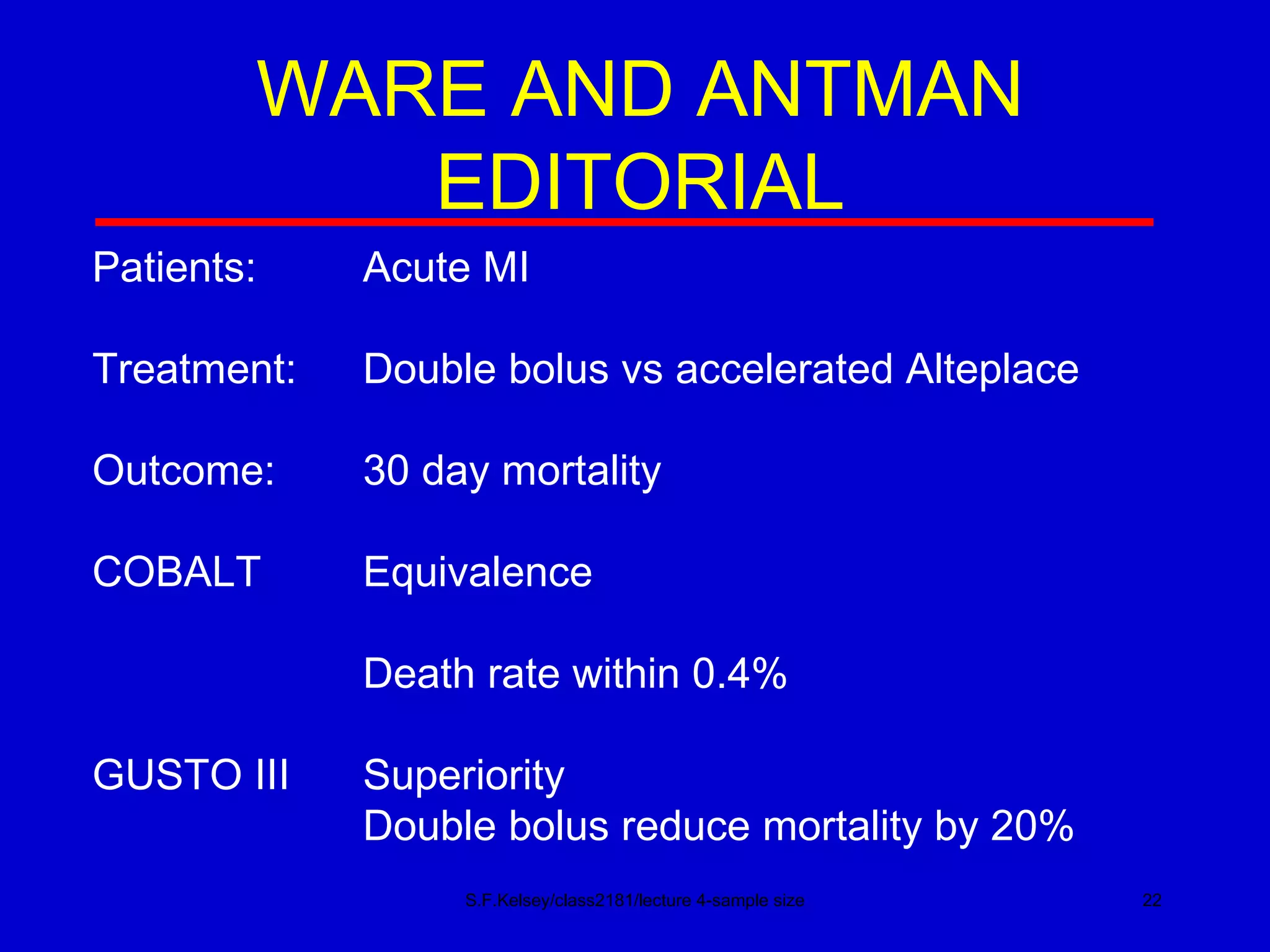 S.F.Kelsey/class2181/lecture 4-sample size Patients:  Acute MI Treatment: Double bolus vs accelerated Alteplace Outcome: 30 day mortality COBALT Equivalence Death rate within 0.4% GUSTO III Superiority Double bolus reduce mortality by 20% WARE AND ANTMAN EDITORIAL 