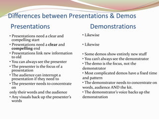 Differences between Presentations & Demos
• Presentations need a clear and
compelling start
• Presentations need a clear and
compelling end
• Presentations link new information
to old
• You can always see the presenter
• The presenter is the focus of a
presentation
• The audience can interrupt a
presentation if they need to
• The presenter needs to concentrate
on
only their words and the audience
• Any visuals back up the presenter’s
words
• Likewise
• Likewise
• Some demos show entirely new stuff
• You can’t always see the demonstrator
• The demo is the focus, not the
demonstrator
• Most complicated demos have a fixed time
and pattern
• The demonstrator needs to concentrate on
words, audience AND the kit.
• The demonstrator’s voice backs up the
demonstration
Presentations Demonstrations
 