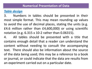 Table design
3. Numbers in tables should be presented in their
most simple format. This may mean rounding up values
to avoid the use of decimal places, stating the units (e.g.
£4.6 million rather than £4,600,000) or using scientific
notation (e.g. 6.315 x 10-2 rather than 0.06315).
4. All tables should be presented with a title that
contains enough detail that a reader can understand the
content without needing to consult the accompanying
text. There should also be information about the source
of the data being used; this may be a reference to a book
or journal, or could indicate that the data are results from
an experiment carried out on a particular date.
Numerical Presentation of Data
 