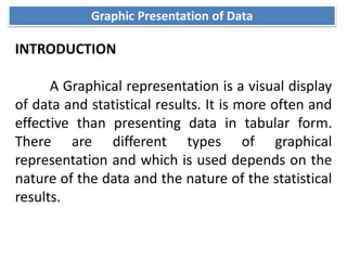 Graphic Presentation of Data
INTRODUCTION
A Graphical representation is a visual display
of data and statistical results. It is more often and
effective than presenting data in tabular form.
There are different types of graphical
representation and which is used depends on the
nature of the data and the nature of the statistical
results.
 