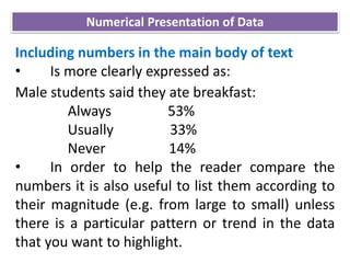 Including numbers in the main body of text
• Is more clearly expressed as:
Male students said they ate breakfast:
Always 53%
Usually 33%
Never 14%
• In order to help the reader compare the
numbers it is also useful to list them according to
their magnitude (e.g. from large to small) unless
there is a particular pattern or trend in the data
that you want to highlight.
Numerical Presentation of Data
 