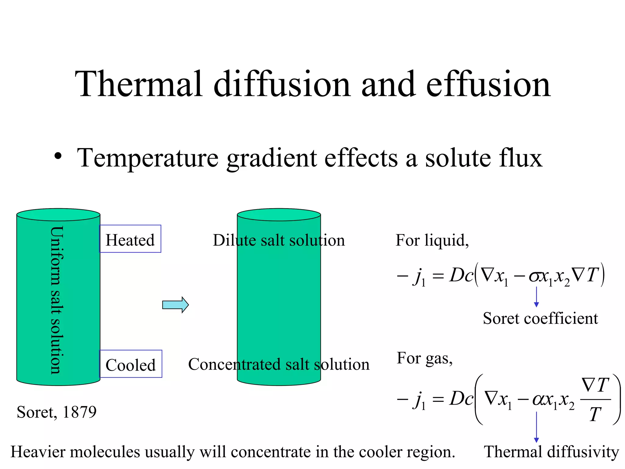Thermal diffusion and effusion Temperature gradient effects a solute flux Uniform salt solution Heated Cooled Soret, 1879 Dilute salt solution Concentrated salt solution For liquid, Soret coefficient For gas, Thermal diffusivity Heavier molecules usually will concentrate in the cooler region. 