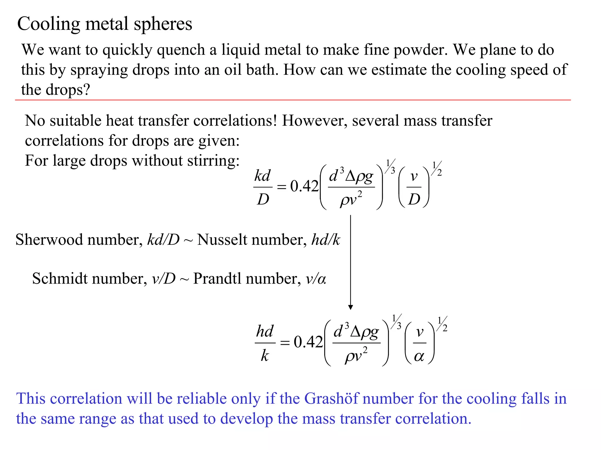 Cooling metal spheres We want to quickly quench a liquid metal to make fine powder. We plane to do this by spraying drops into an oil bath. How can we estimate the cooling speed of the drops?  No suitable heat transfer correlations! However, several mass transfer correlations for drops are given: For large drops without stirring: Sherwood number,  kd/D  ~ Nusselt number,  hd/k Schmidt number,  v/D  ~ Prandtl number,  v/α This correlation will be reliable only if the Grashöf number for the cooling falls in the same range as that used to develop the mass transfer correlation. 