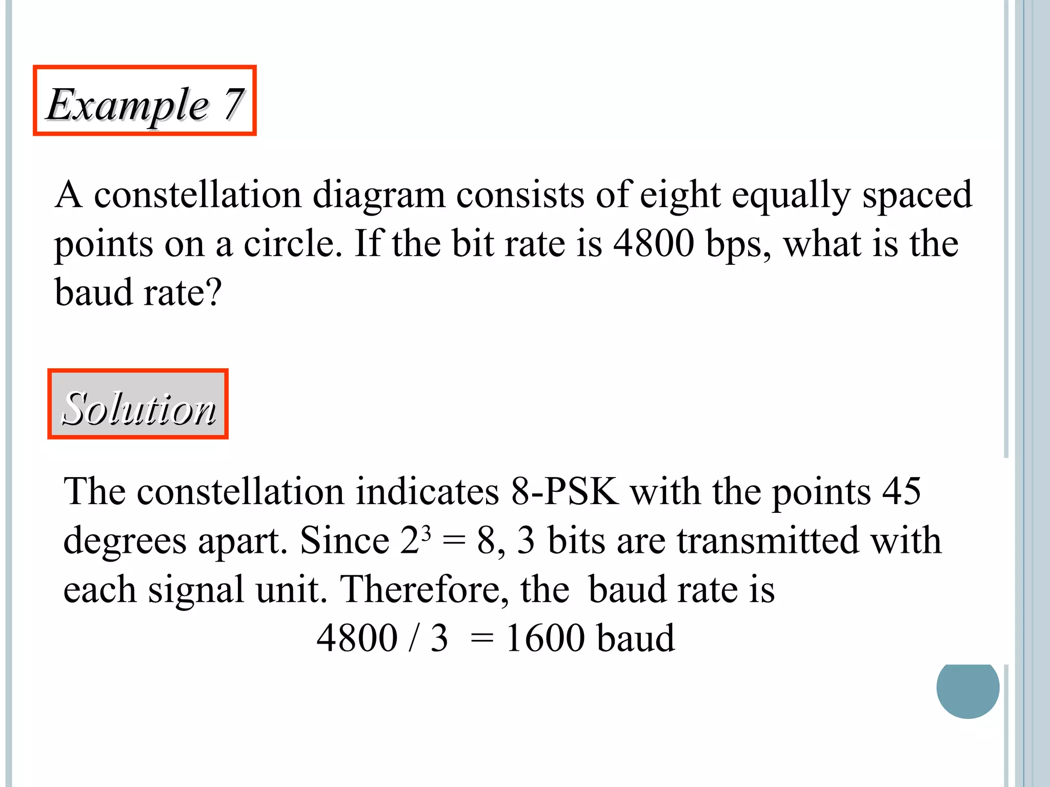 Example 7Example 7
A constellation diagram consists of eight equally spaced
points on a circle. If the bit rate is 4800 bps, what is the
baud rate?
SolutionSolution
The constellation indicates 8-PSK with the points 45
degrees apart. Since 23
= 8, 3 bits are transmitted with
each signal unit. Therefore, the baud rate is
4800 / 3 = 1600 baud
 