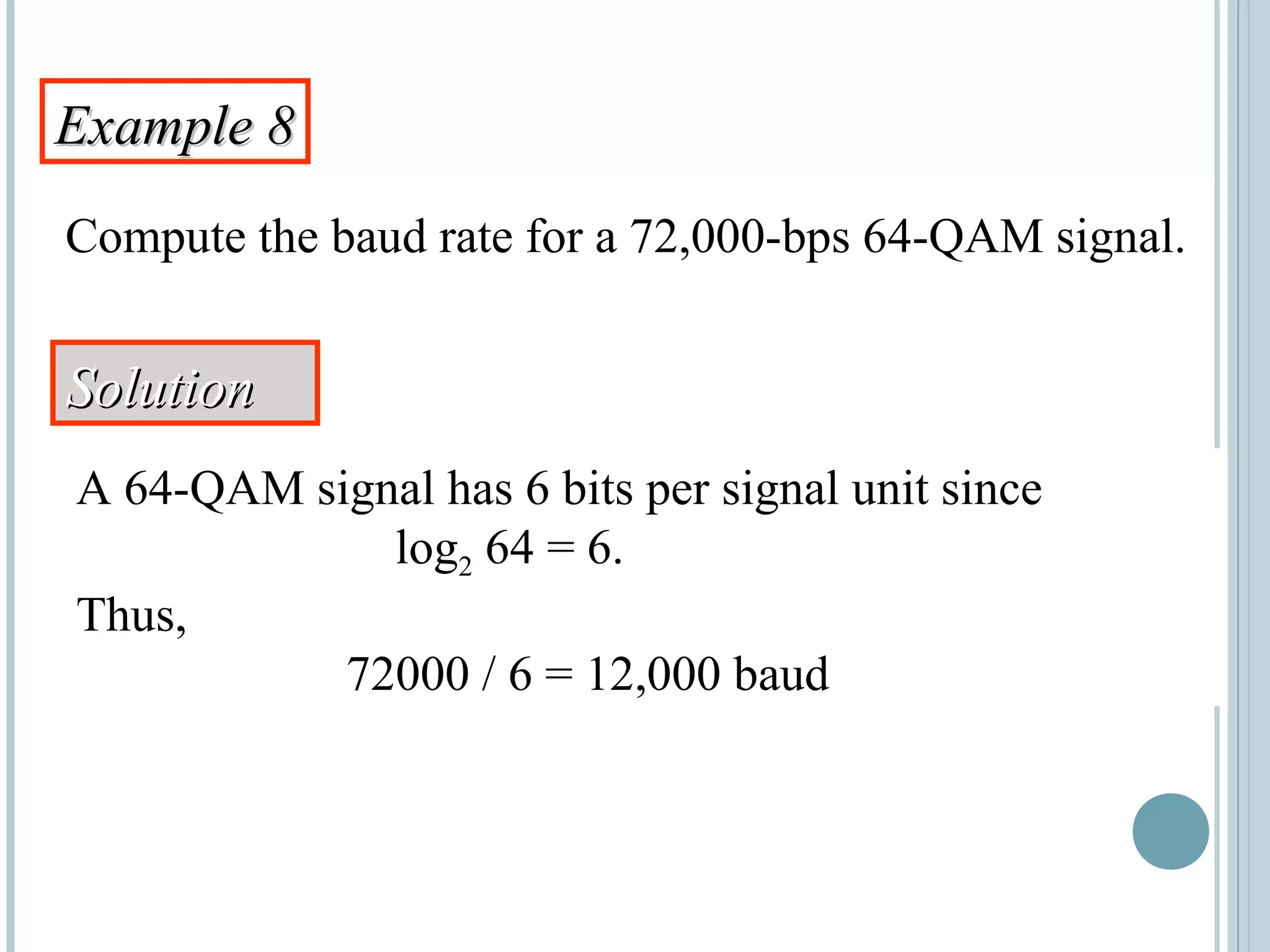 Example 8Example 8
Compute the baud rate for a 72,000-bps 64-QAM signal.
SolutionSolution
A 64-QAM signal has 6 bits per signal unit since
log2 64 = 6.
Thus,
72000 / 6 = 12,000 baud
 