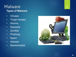 Malware 6
Types of Malware
• Viruses
• Trojan horses
• Worms
• Spyware
• Zombie
• Phishing
• Spam
• Adware
• Ransomware
6
 
