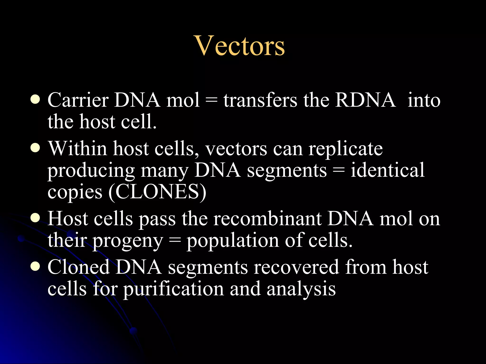 Vectors  Carrier DNA mol = transfers the RDNA  into the host cell.  Within host cells, vectors can replicate producing many DNA segments = identical copies (CLONES) Host cells pass the recombinant DNA mol on their progeny = population of cells. Cloned DNA segments recovered from host cells for purification and analysis 