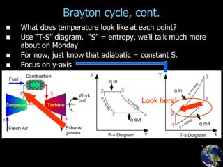 Brayton cycle, cont.
 What does temperature look like at each point?
 Use “T-S” diagram. “S” = entropy, we’ll talk much more
about on Monday
 For now, just know that adiabatic = constant S.
 Focus on y-axis
Look here!
 
