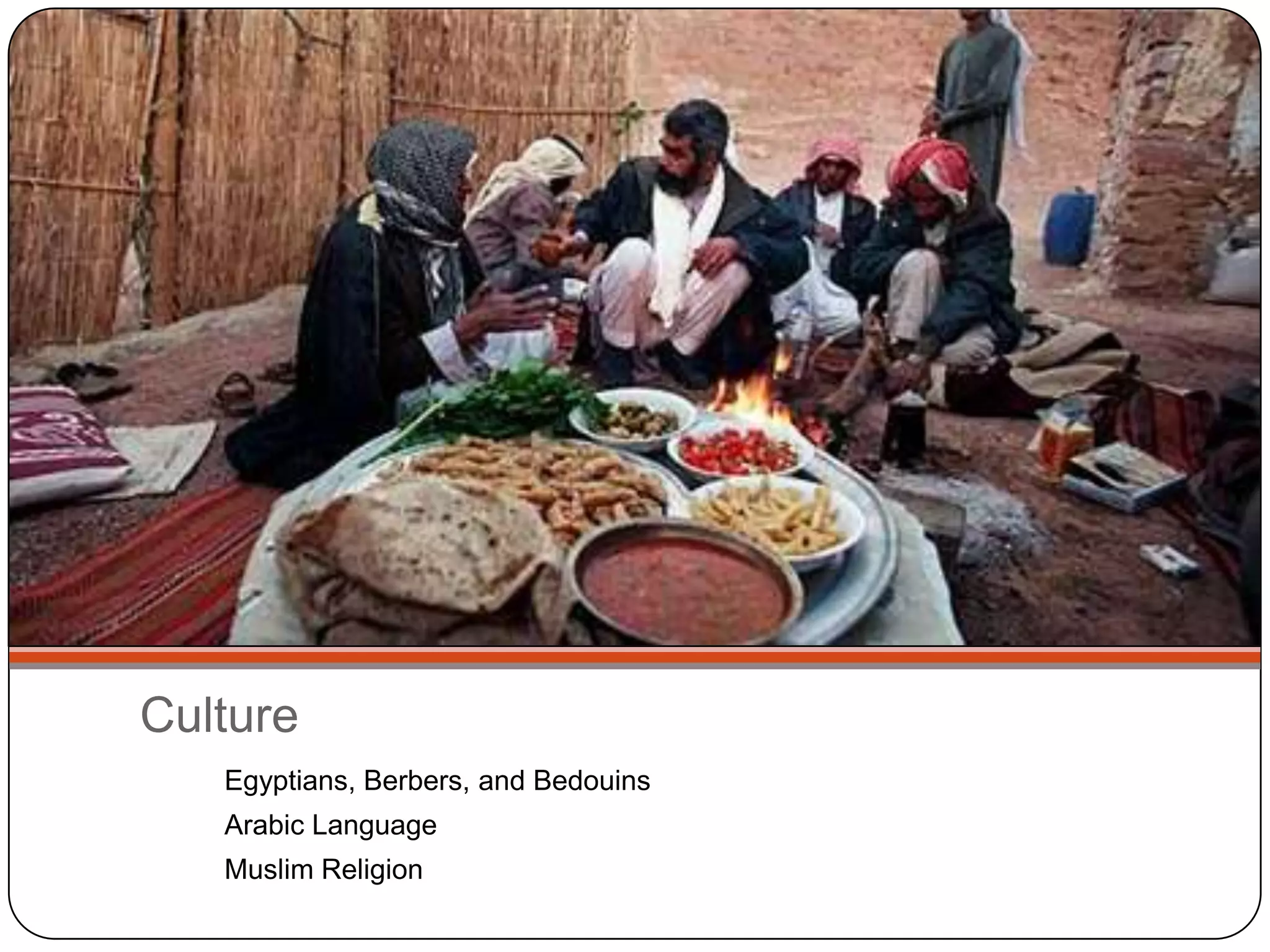 CultureEgyptians, Berbers, and BedouinsArabic LanguageMuslim Religion
