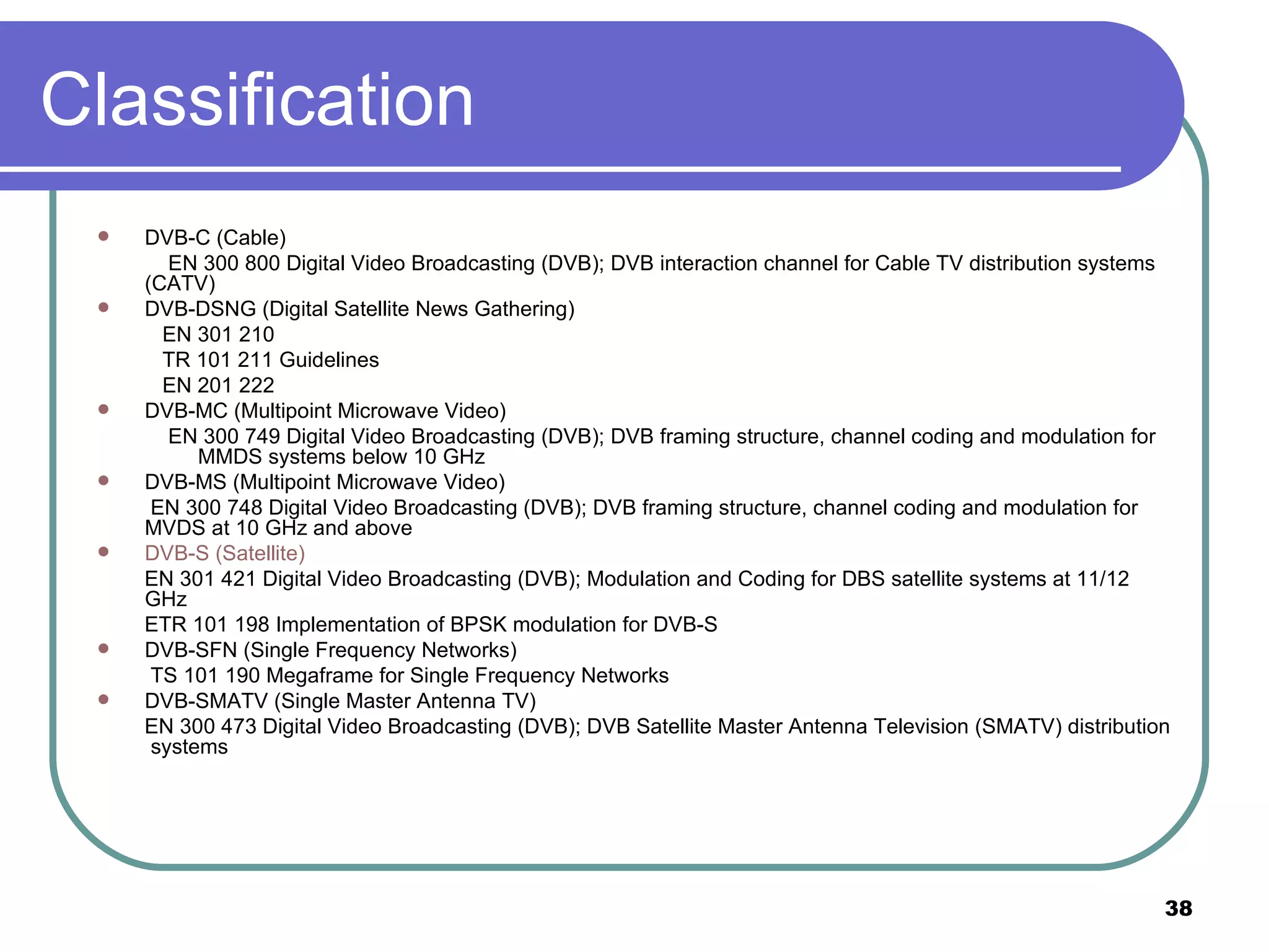 Classification DVB-C (Cable)  EN 300 800 Digital Video Broadcasting (DVB); DVB interaction channel for Cable TV distribution systems (CATV)  DVB-DSNG (Digital Satellite News Gathering)  EN 301 210  TR 101 211 Guidelines  EN 201 222  DVB-MC (Multipoint Microwave Video)  EN 300 749 Digital Video Broadcasting (DVB); DVB framing structure, channel coding and modulation for  MMDS systems below 10 GHz  DVB-MS (Multipoint Microwave Video)  EN 300 748 Digital Video Broadcasting (DVB); DVB framing structure, channel coding and modulation for MVDS at 10 GHz and above  DVB-S (Satellite)  EN 301 421 Digital Video Broadcasting (DVB); Modulation and Coding for DBS satellite systems at 11/12 GHz  ETR 101 198 Implementation of BPSK modulation for DVB-S  DVB-SFN (Single Frequency Networks)  TS 101 190 Megaframe for Single Frequency Networks  DVB-SMATV (Single Master Antenna TV)  EN 300 473 Digital Video Broadcasting (DVB); DVB Satellite Master Antenna Television (SMATV) distribution  systems  