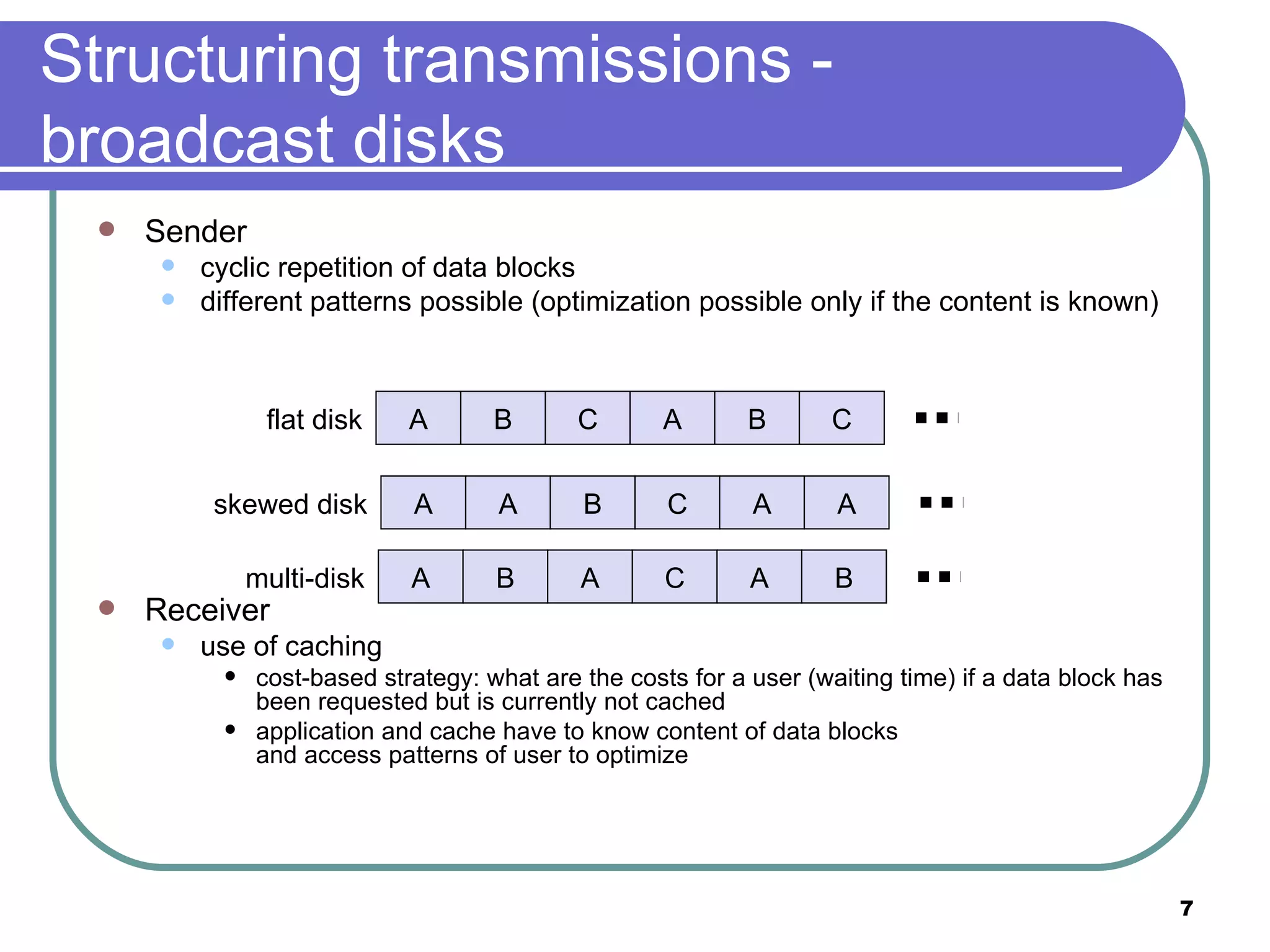 Structuring transmissions - broadcast disks Sender cyclic repetition of data blocks different patterns possible (optimization possible only if the content is known) Receiver use of caching cost-based strategy: what are the costs for a user (waiting time) if a data block has been requested but is currently not cached application and cache have to know content of data blocks  and access patterns of user to optimize A B C A B C flat disk A A B C A A skewed disk A B A C A B multi-disk 