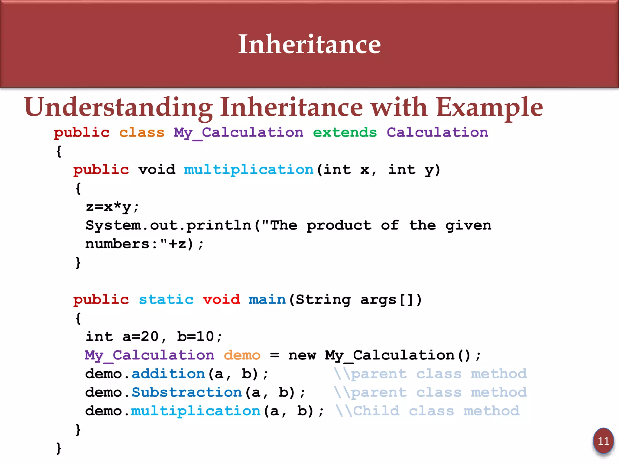 Inheritance
Understanding Inheritance with Example
public class My_Calculation extends Calculation
{
public void multiplication(int x, int y)
{
z=x*y;
System.out.println("The product of the given
numbers:"+z);
}
public static void main(String args[])
{
int a=20, b=10;
My_Calculation demo = new My_Calculation();
demo.addition(a, b); parent class method
demo.Substraction(a, b); parent class method
demo.multiplication(a, b); Child class method
}
} 11
 