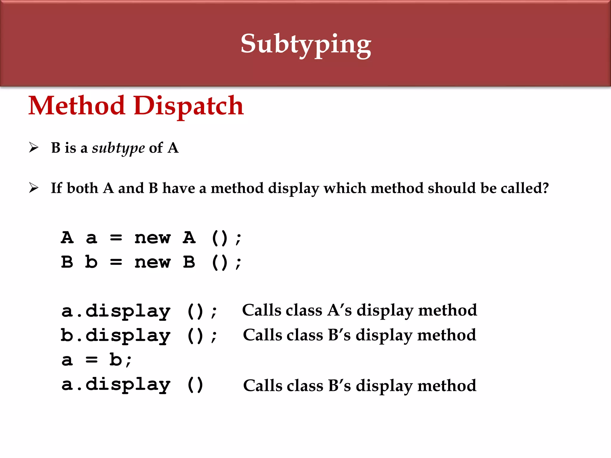 Subtyping
Method Dispatch
 B is a subtype of A
 If both A and B have a method display which method should be called?
A a = new A ();
B b = new B ();
a.display ();
b.display ();
a = b;
a.display ()
Calls class A’s display method
Calls class B’s display method
Calls class B’s display method
 