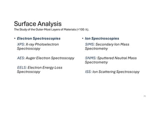 Surface Analysis
The Study of the Outer-Most Layers of Materials (<100 A).
• Electron Spectroscopies
XPS: X-ray Photoelectron
Spectroscopy
AES: Auger Electron Spectroscopy
EELS: Electron Energy Loss
Spectroscopy
• Ion Spectroscopies
SIMS: Secondary Ion Mass
Spectrometry
SNMS: Sputtered Neutral Mass
Spectrometry
ISS: Ion Scattering Spectroscopy
29
 