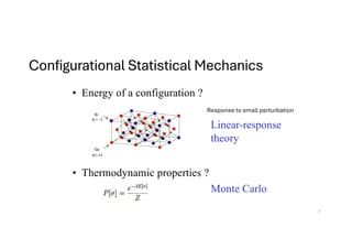 Configurational Statistical Mechanics
• Energy of a configuration ?
Linear-response
theory
• Thermodynamic properties ?
Monte Carlo
Response to small perturbation
7
 