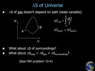 S of Universe
 S of gas doesn’t depend on path (state variable):
 What about S of surroundings?
 What about Stotal = Sgas + Ssurroundings?
A
B
P
V
path1 path2
B
AB
A
dQ
S
T
S S
 
  

(See HW problem 12-4)
 