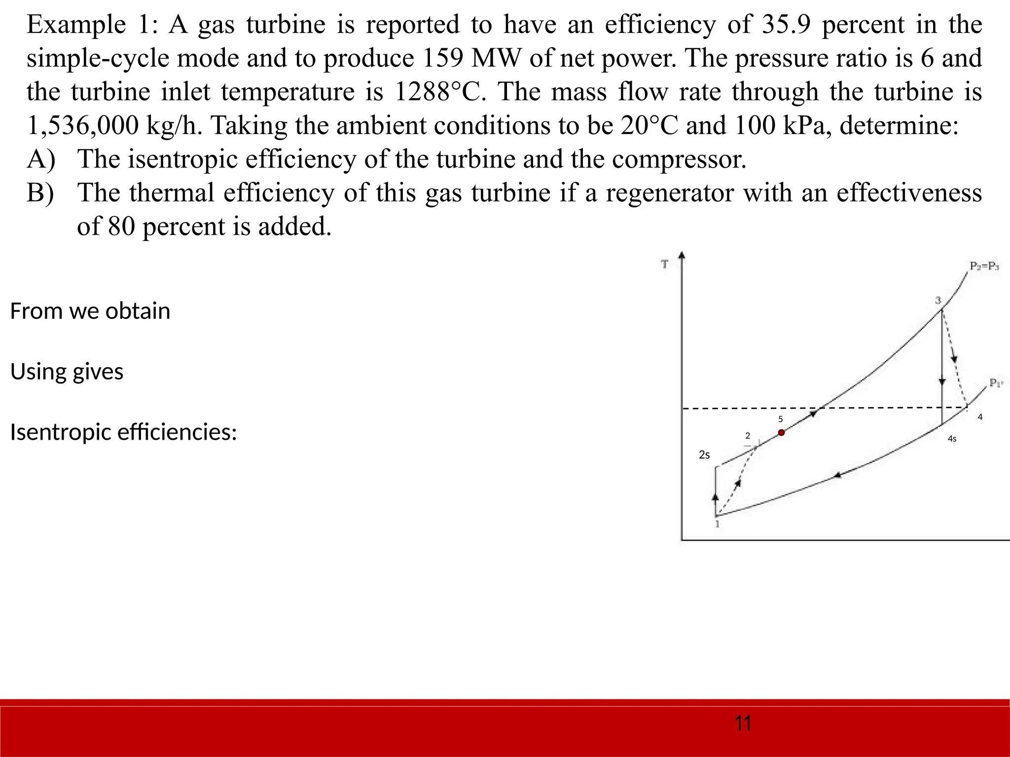 11
Example 1: A gas turbine is reported to have an efficiency of 35.9 percent in the
simple-cycle mode and to produce 159 MW of net power. The pressure ratio is 6 and
the turbine inlet temperature is 1288°C. The mass flow rate through the turbine is
1,536,000 kg/h. Taking the ambient conditions to be 20°C and 100 kPa, determine:
A) The isentropic efficiency of the turbine and the compressor.
B) The thermal efficiency of this gas turbine if a regenerator with an effectiveness
of 80 percent is added.
From we obtain
Using gives
Isentropic efficiencies: 4s
4
2s
2
5
 
