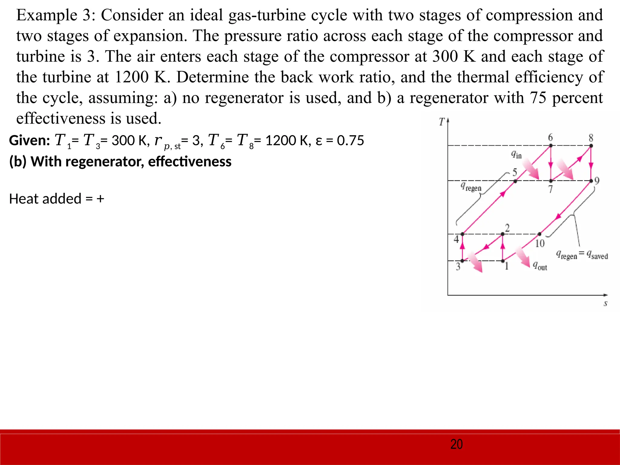 20
Example 3: Consider an ideal gas-turbine cycle with two stages of compression and
two stages of expansion. The pressure ratio across each stage of the compressor and
turbine is 3. The air enters each stage of the compressor at 300 K and each stage of
the turbine at 1200 K. Determine the back work ratio, and the thermal efficiency of
the cycle, assuming: a) no regenerator is used, and b) a regenerator with 75 percent
effectiveness is used.
Given: 𝑇1= 𝑇3= 300 K, 𝑟 , st
𝑝 = 3, 𝑇6= 𝑇8= 1200 K, ε = 0.75
(b) With regenerator, effectiveness
Heat added = +
 
