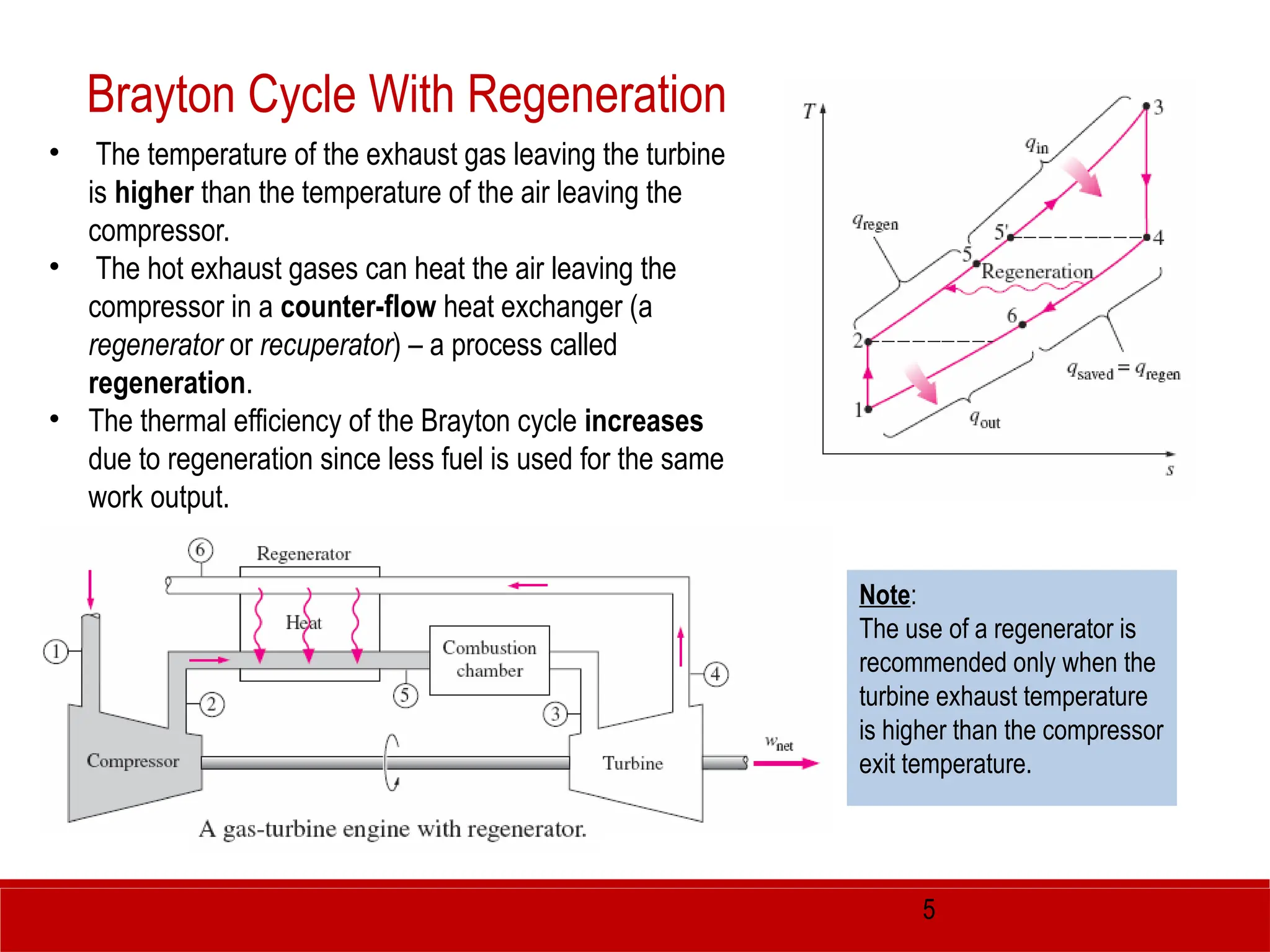 5
Brayton Cycle With Regeneration
• The temperature of the exhaust gas leaving the turbine
is higher than the temperature of the air leaving the
compressor.
• The hot exhaust gases can heat the air leaving the
compressor in a counter-flow heat exchanger (a
regenerator or recuperator) – a process called
regeneration.
• The thermal efficiency of the Brayton cycle increases
due to regeneration since less fuel is used for the same
work output.
Note:
The use of a regenerator is
recommended only when the
turbine exhaust temperature
is higher than the compressor
exit temperature.
 