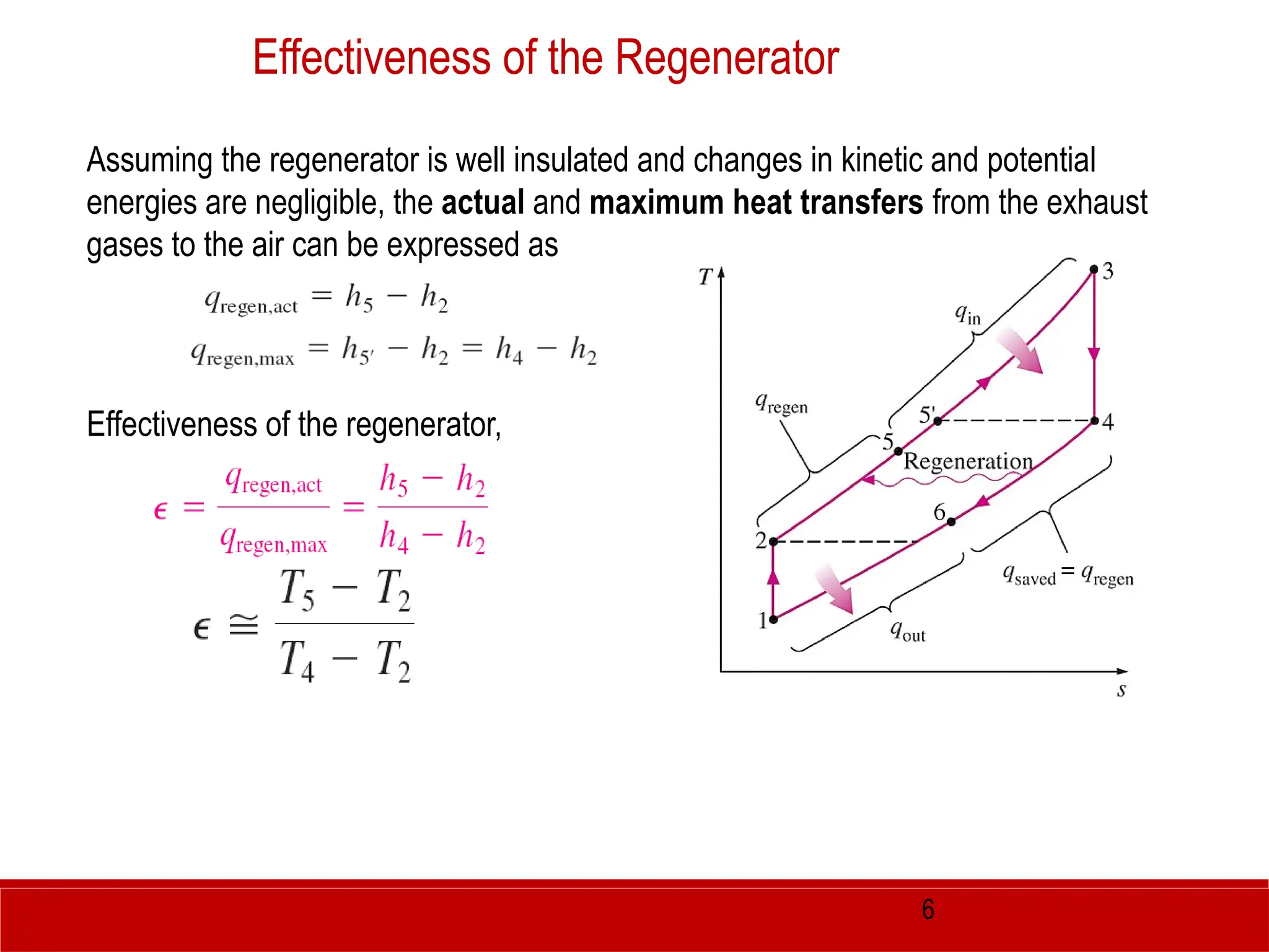 6
Effectiveness of the regenerator,
Effectiveness of the Regenerator
Assuming the regenerator is well insulated and changes in kinetic and potential
energies are negligible, the actual and maximum heat transfers from the exhaust
gases to the air can be expressed as
 