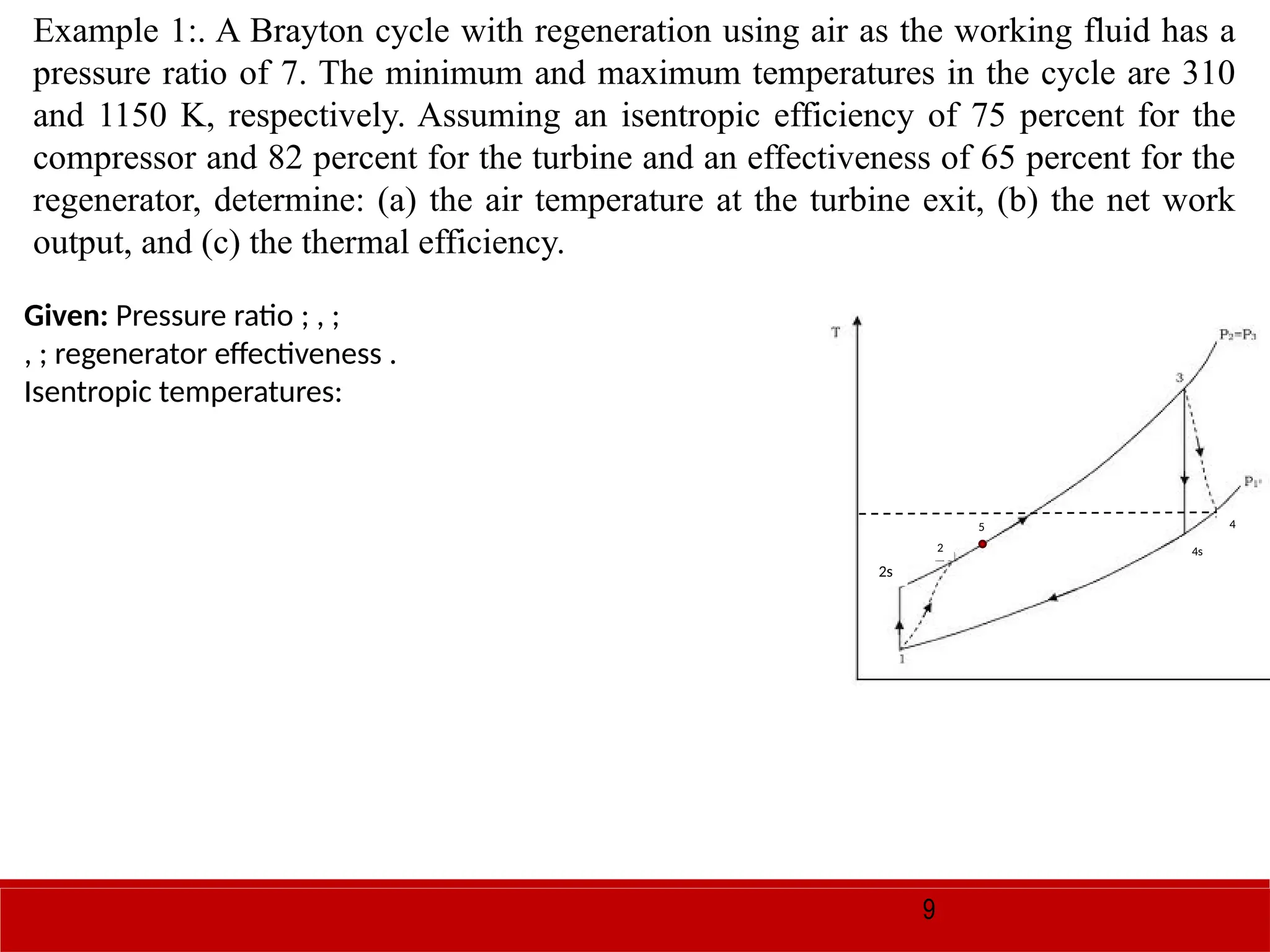 9
Example 1:. A Brayton cycle with regeneration using air as the working fluid has a
pressure ratio of 7. The minimum and maximum temperatures in the cycle are 310
and 1150 K, respectively. Assuming an isentropic efficiency of 75 percent for the
compressor and 82 percent for the turbine and an effectiveness of 65 percent for the
regenerator, determine: (a) the air temperature at the turbine exit, (b) the net work
output, and (c) the thermal efficiency.
Given: Pressure ratio ; , ;
, ; regenerator effectiveness .
Isentropic temperatures:
4s
4
2s
2
5
 