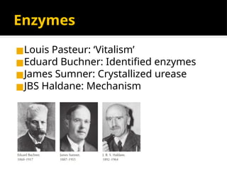 Enzymes
◼Louis Pasteur: ‘Vitalism’
◼Eduard Buchner: Identified enzymes
◼James Sumner: Crystallized urease
◼JBS Haldane: Mechanism
 