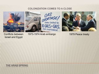 COLONIZATION COMES TO A CLOSE




Conflicts between   1973-1974 Arab embargo     1979 Peace treaty
Israel and Egypt




 THE ARAB SPRING
 