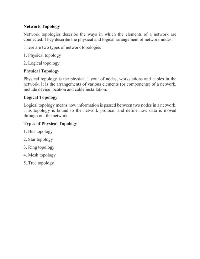 What is network topology, Bus, Star, Ring, Tree, Mesh topology | PDF ...