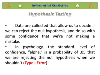 • Data are collected that allow us to decide if
we can reject the null hypothesis, and do so with
some confidence that we’re not making a
mistake.
• In psychology, the standard level of
confidence, “alpha,” is a probability of .05 that
we are rejecting the null hypothesis when we
shouldn’t (Type I Error).
 