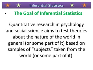 • The Goal of Inferential Statistics
Quantitative research in psychology
and social science aims to test theories
about the nature of the world in
general (or some part of it) based on
samples of “subjects” taken from the
world (or some part of it).
 