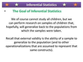 • The Goal of Inferential Statistics
We of course cannot study all children, but we
can perform research on samples of children that,
hopefully, will generalize back to the populations from
which the samples were taken.
Recall that external validity is the ability of a sample to
generalize to the population (and to other
operationalizations that are assumed to represent that
same constructs).
Inferential Statistics
 