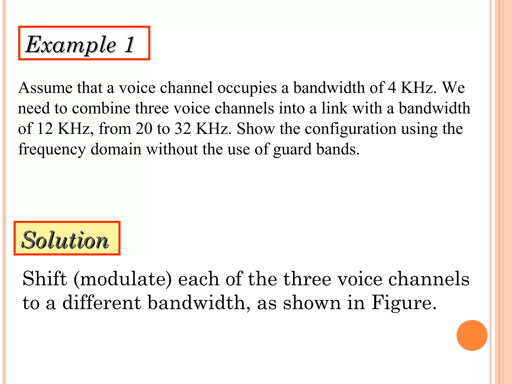 Example 1Example 1
Assume that a voice channel occupies a bandwidth of 4 KHz. We
need to combine three voice channels into a link with a bandwidth
of 12 KHz, from 20 to 32 KHz. Show the configuration using the
frequency domain without the use of guard bands.
SolutionSolution
Shift (modulate) each of the three voice channels
to a different bandwidth, as shown in Figure.
 